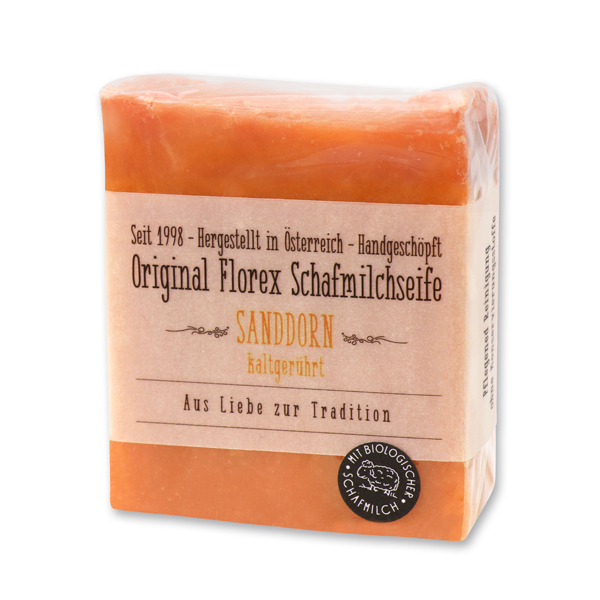 Cold-stirred sheepmilk soap 150g in cello wrapped with transparent paper, Sea buckthorn 