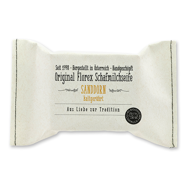 Kaltgerührte Seife 150g im genähten Papierbeutel, Sanddorn 
