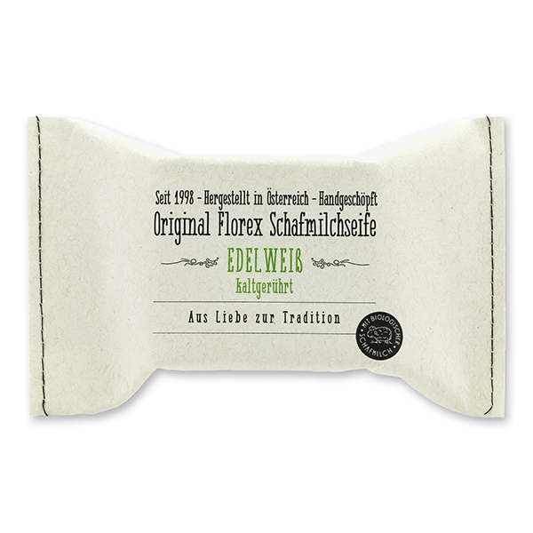 Cold-stirred sheep milk soap 150g, packed in a stitched paper bag, Edelweiss 