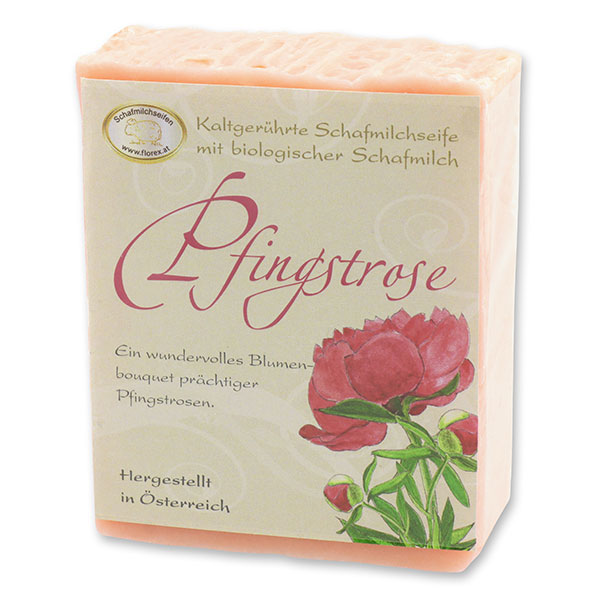 Kaltgerührte Schafmilchseife 150g klassisch verpackt, Pfingstrose 