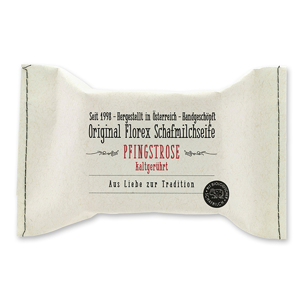 Cold-stirred sheep milk soap 150g, packed in a stitched paper bag, Peony 