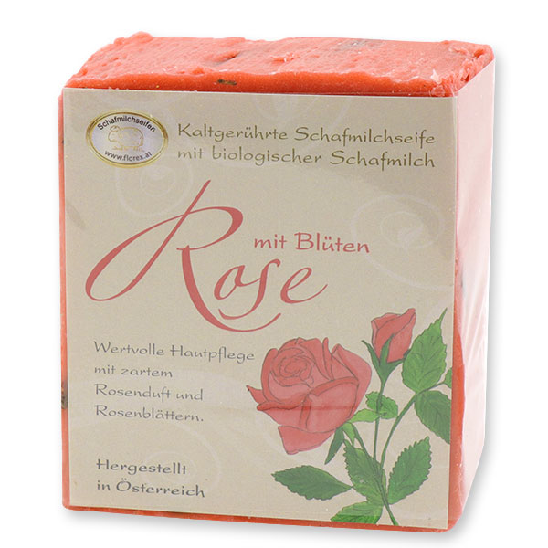 Kaltgerührte Schafmilchseife 150g klassisch verpackt, Rose mit Blüten 