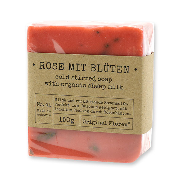Cold-stirred sheepmilk soap 150g packed in cello "Pure Soaps", Rose with petals 