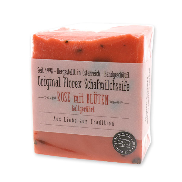 Cold-stirred sheepmilk soap 150g in cello wrapped with transparent paper, Rose with petals 