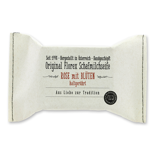 Cold-stirred sheep milk soap 150g, packed in a stitched paper bag, Rose with petals 