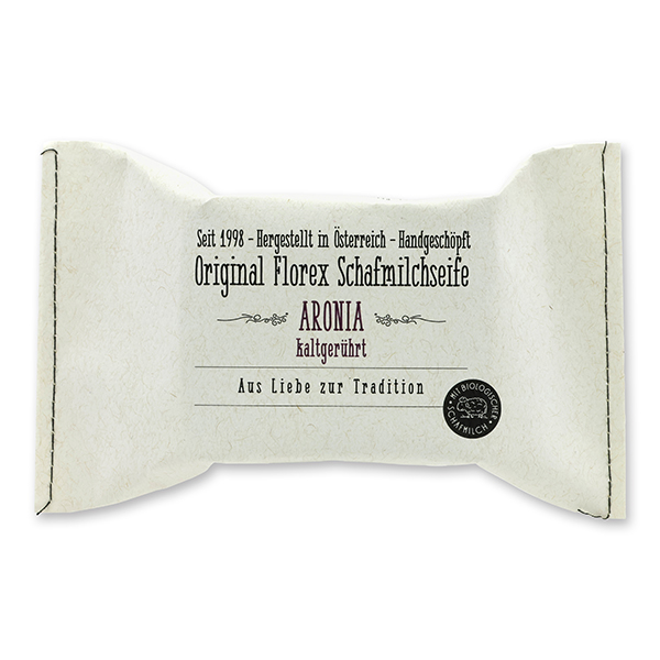Cold-stirred sheep milk soap 150g, packed in a stitched paper bag, Aronia 
