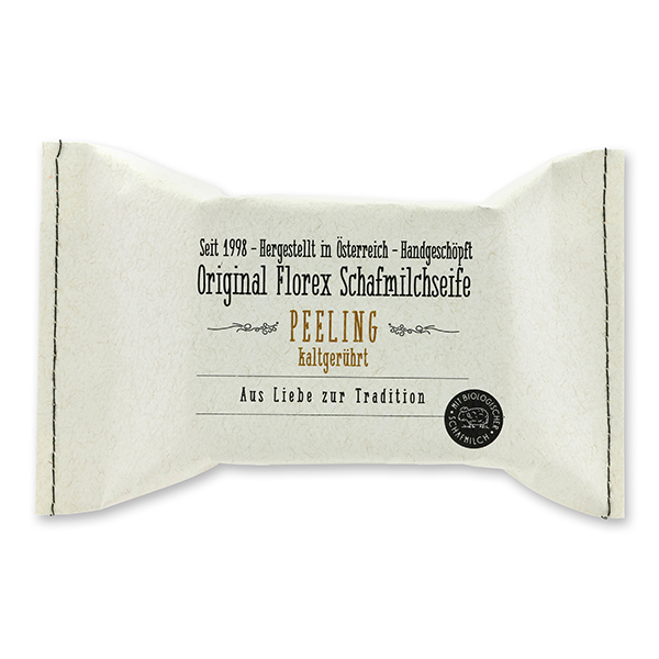 Cold-stirred sheep milk soap 150g, packed in a stitched paper bag, Peeling with poppy 