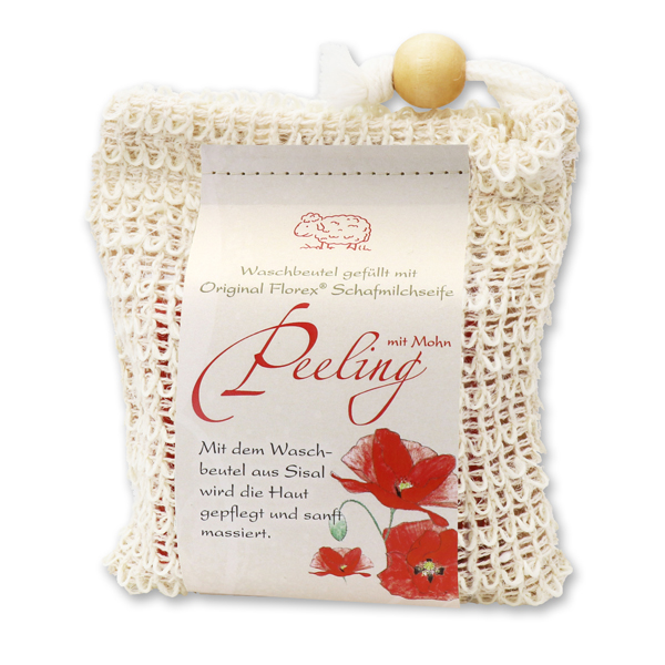 Cold-stirred sheep milk soap 150g classic packed in a soap holder,  Peeling with poppy 