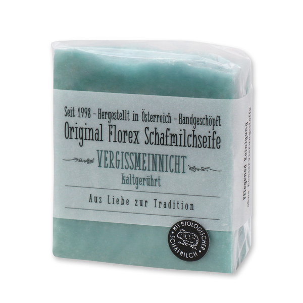 Cold-stirred sheepmilk soap 150g in cello wrapped with transparent paper, Forget-me-not 