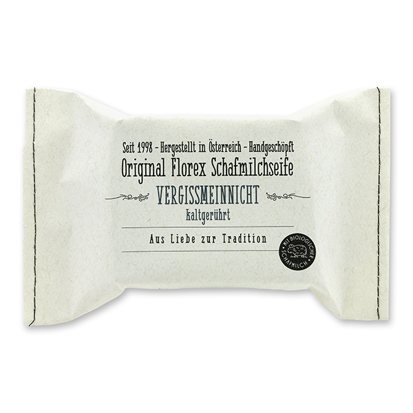 Cold-stirred sheep milk soap 150g, packed in a stitched paper bag, Forget-me-not 