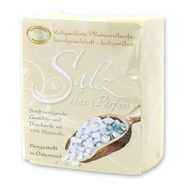 Cold-stirred sheep milk soap 150g with classic labelling, Salt-soap without perfume 