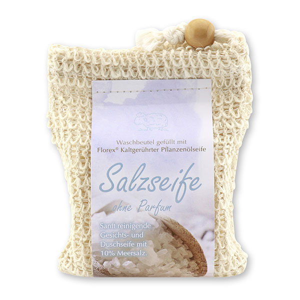 Kaltgerührte Spezialseife 150g modern im Waschbeutel, Salzseife ohne Parfum 