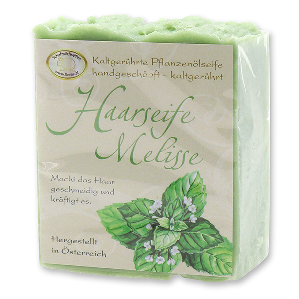 Spezialseife kaltgerührt 150g klassisch verpackt, Haarseife Melisse 