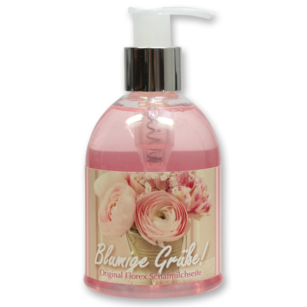Liquid sheep milk soap 250ml in a dispenser "Blumige Grüße", Peony 