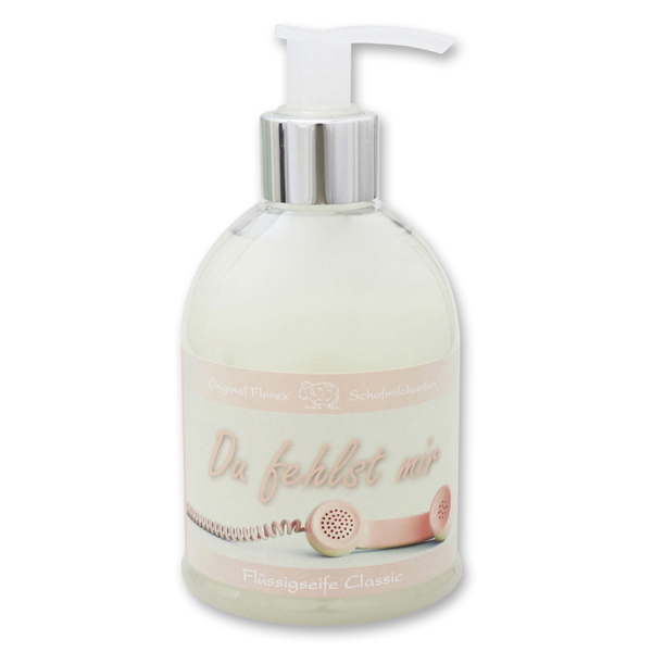 Liquid sheep milk soap 250ml in a dispenser "Du fehlst mir", Classic 