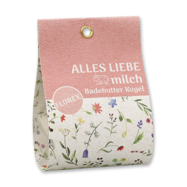 Bath butter ball with sheep milk 50g in a bag "Alles Liebe", Cornflower Pink/Strawberry 