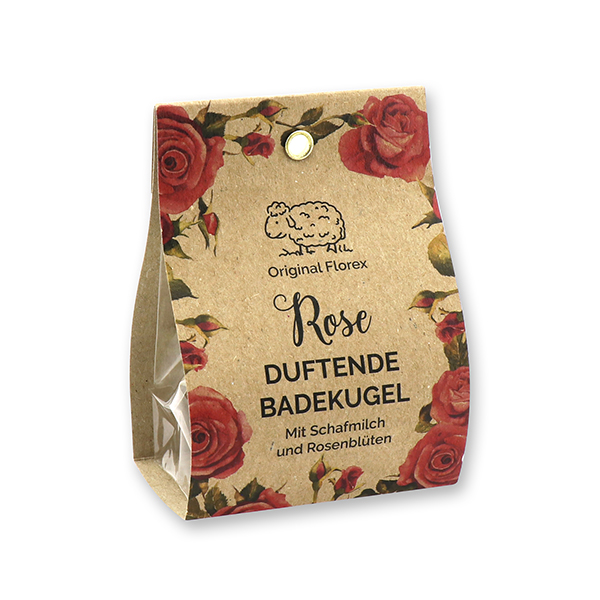 Badebutter-Kugel mit Schafmilch 50g in der Tasche "Wohlfühlzeit", Rose mit Blüten 