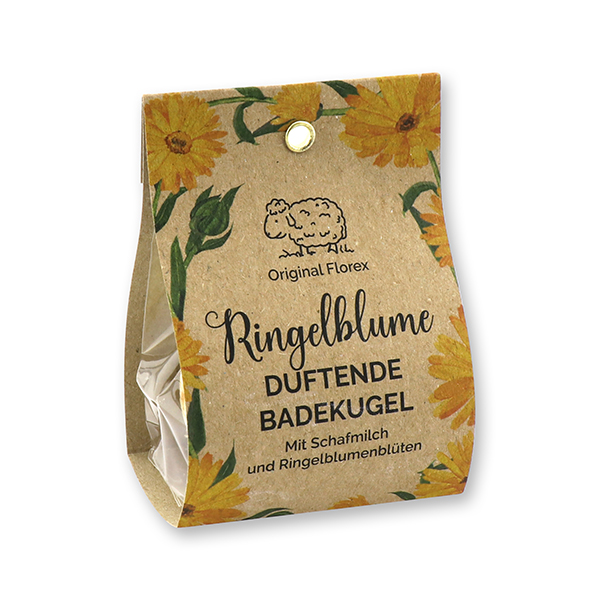 Badebutter-Kugel mit Schafmilch 50g in der Tasche "Wohlfühlzeit", Ringelblume-Grüner Tee 
