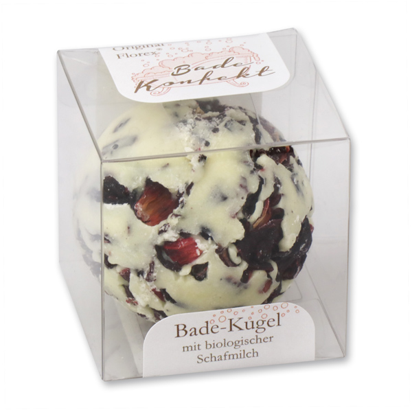 Badebutter-Kugel mit Schafmilch 50g in Cellobox, Hibiskus/Orange 