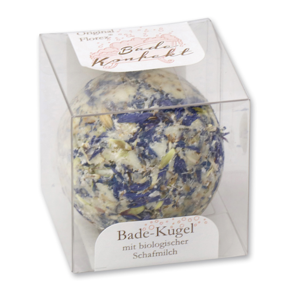 Badebutter-Kugel mit Schafmilch 50g in Cellobox, Kornblume blau/Lotus 