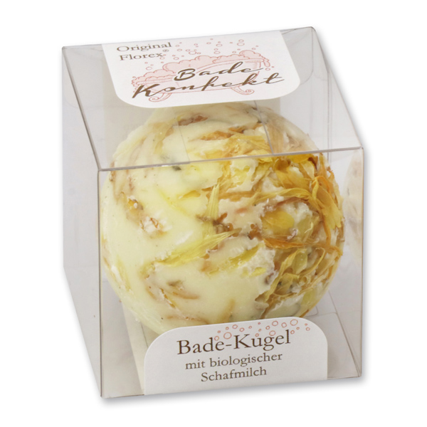 Badebutter-Kugel mit Schafmilch 50g in Cellobox, Ringelblume/Limette-Grüner Tee 