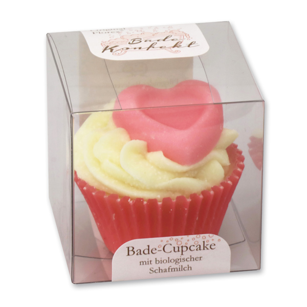 Badebutter-Cupcake mit Schafmilch 45g in Cellobox, Rosa Herz/Cranberry 