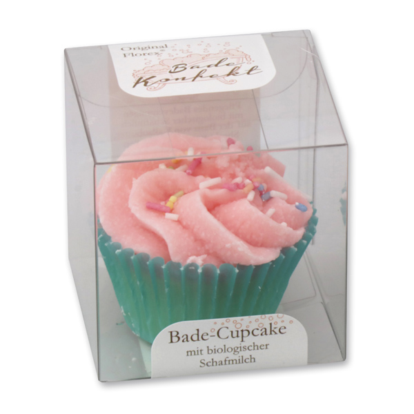 Badebutter-Cupcake mit Schafmilch 45g in Cellobox, Zuckerstreusel/Erdbeere 