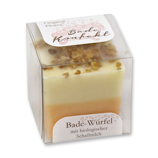 Badebutter-Würfel mit Schafmilch 50g in Cellobox, Honig/Orange 