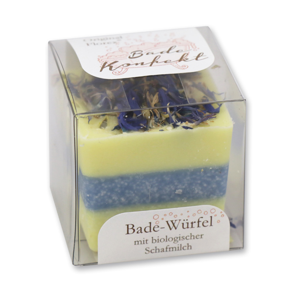 Badebutter-Würfel mit Schafmilch 50g in Cellobox, Kornblume Blau/Lotus 
