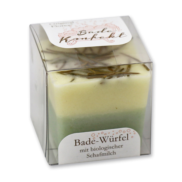 Badebutter-Würfel mit Schafmilch 50g in Cellobox, Fichtennadeln/Zirbe 