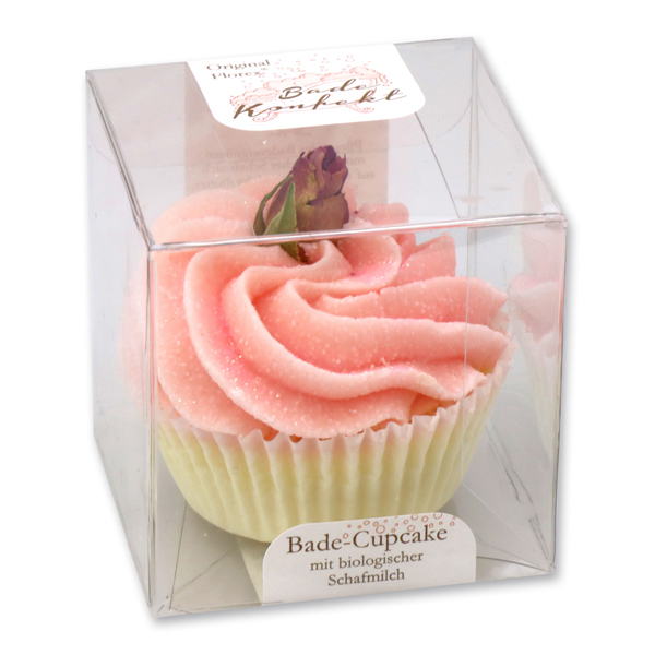 XL Bath butter cupcake with sheep milk 90g in box, White Rosebud/Cranberry 
