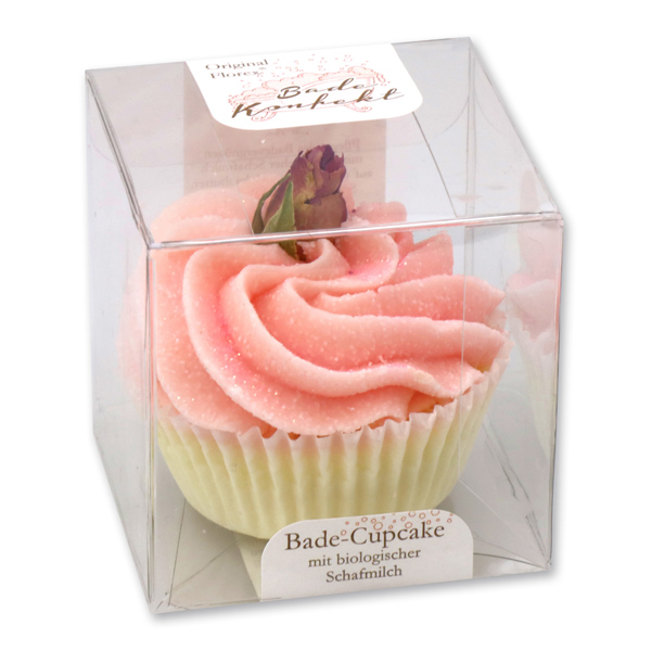 XL Badebutter-Cupcake mit Schafmilch 90g in Cellobox, Rosenknospe/ Cranberry 