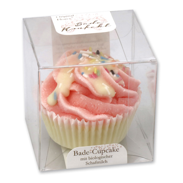 XL Badebutter-Cupcake mit Schafmilch 90g in Cellobox, Bunte Zuckerstreusel/ Erdbeere 