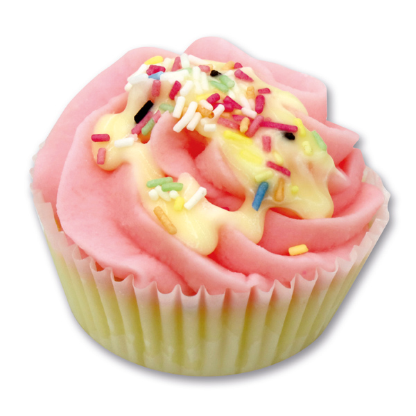 XL Badebutter-Cupcake mit Schafmilch 90g, Bunte Zuckerstreusel/Erdbeere 