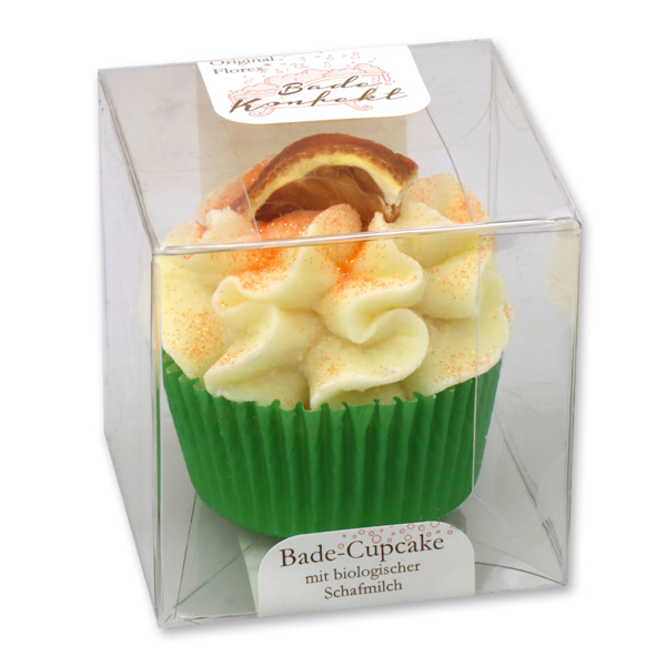 XL Badebutter-Cupcake mit Schafmilch 90g in Cellobox, Orangenspalte/Orange 