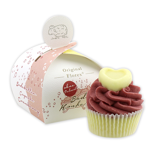 XL Badebutter-Cupcake 90g, weißes Herzen/Cranberry, in der Geschenkschachtel 