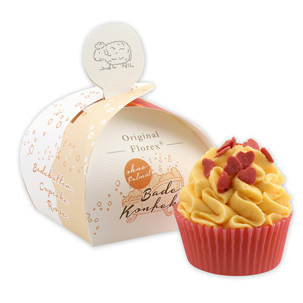 XL Badebutter-Cupcake 90g, rote Zuckerherzen/Rose, in der Geschenkschachtel 