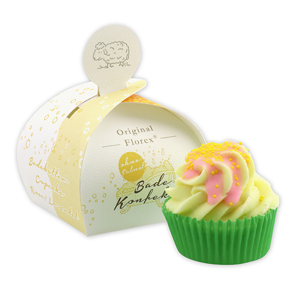 XL Badebutter-Cupcake 90g, gelbe Zuckerkügelchen/Rose-Lavendel, in der Geschenkschachtel 