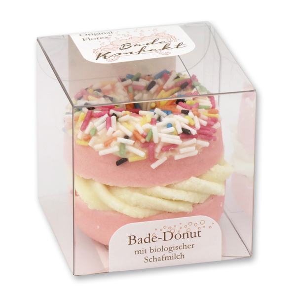 Badebutter-Donut mit Schafmilch 60g in Cellobox, Zuckerstreusel/Erdbeere 