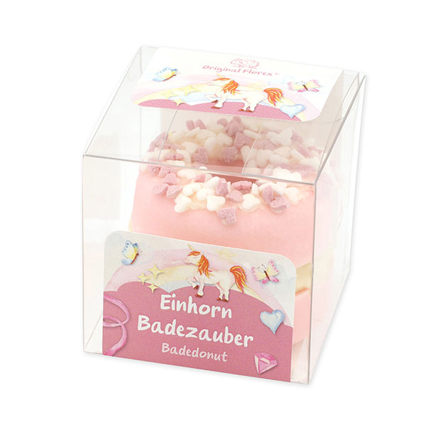Badebutter-Donut mit Schafmilch 60g in Cellobox "Einhorn Badezauber", Blütenzauber 