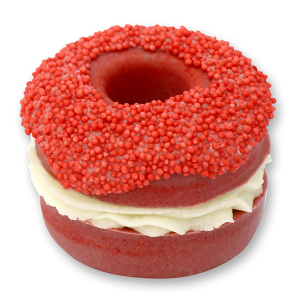 Badebutter-Donut mit Schafmilch 60g, Rote Zuckerkügelchen/Rote Rose 