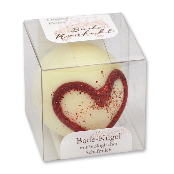 Badebutter-Kugel mit Schafmilch 50g in Cellobox, Herz/Weißer Tee 