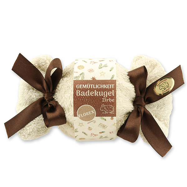 Badekugel mit Schafmilch 125g im Waschlappen "Gemütlichkeit", Zirbe 