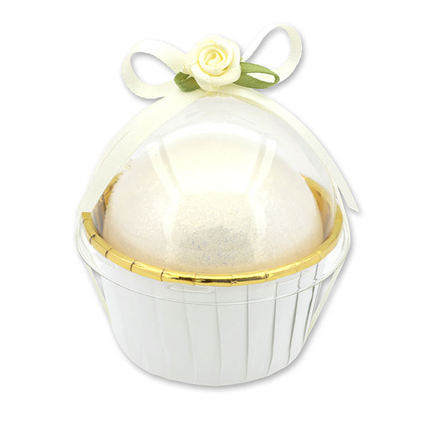 Glitter bath ball with sheep milk 125g in a cases decorated, Christmas rose white 
