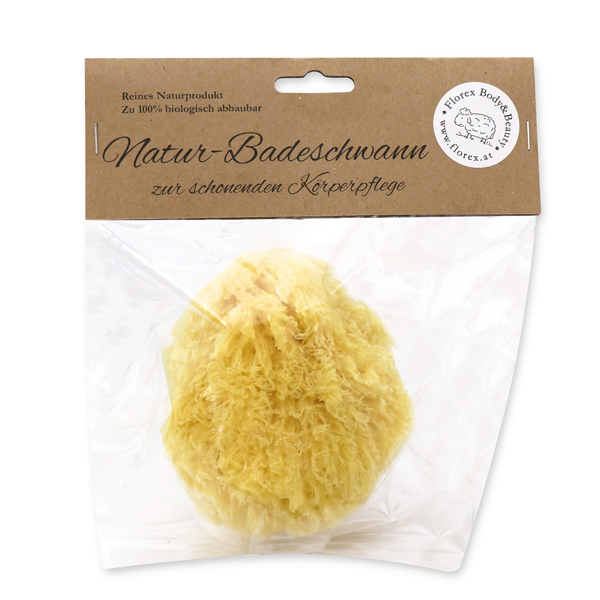 Natural sea sponge 12cm in cellophane with a label 