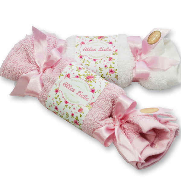 Schafmilchseife eckig 100g im Waschlappenzuckerl "Alles Liebe", Pfingstrose 