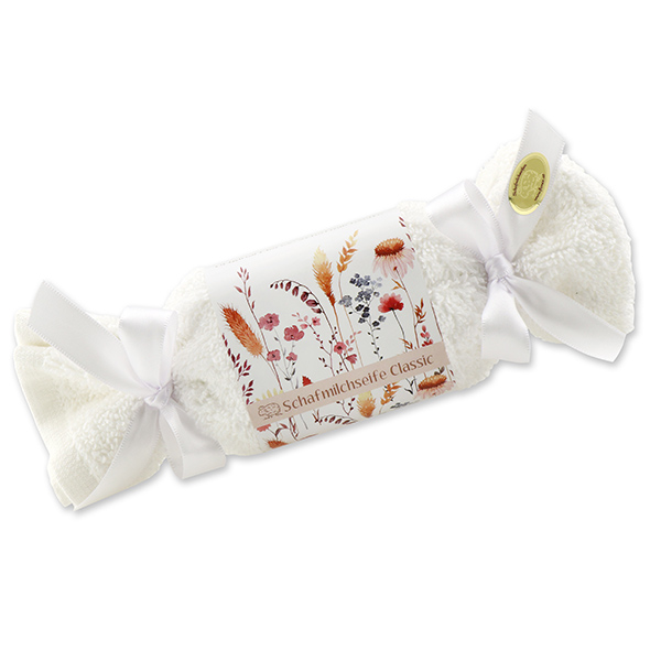 Sheep milk soap 100g in a washcloth 'Blütenzart' with design 1, Classic 