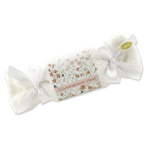 Sheep milk soap 100g in a washcloth 'Blütenzart' with design 11, Classic 