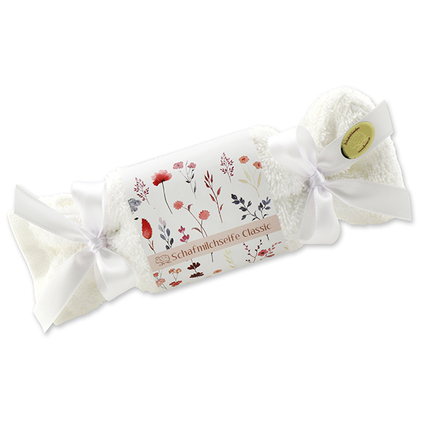 Sheep milk soap 100g in a washcloth 'Blütenzart' with design 2, Classic 