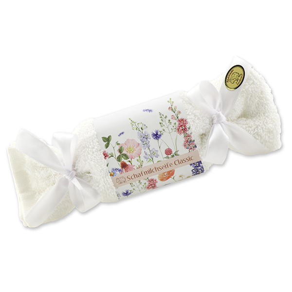 Sheep milk soap 100g in a washcloth 'Blütenzart' with design 4, Classic 